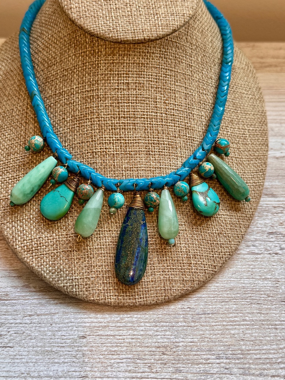 Turquoise Beaded Statement Necklace - Blue Green Pendant Fringe